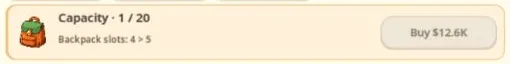 Capacity at one of twenty, Backpack zero of four, and next Capacity purchase priced at 12.6K