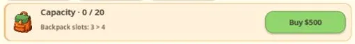 Capacity at zero of twenty offering three to four backpack slots for 500 coins; Range still locked until Rebirth 1