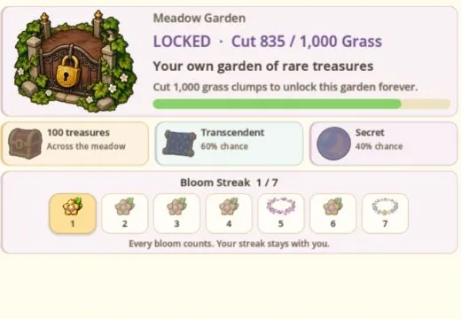 Locked Daily Garden panel shows Cut 835 out of 1,000 Grass