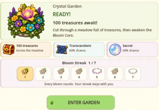 Crystal Garden Ready panel with Enter Garden button