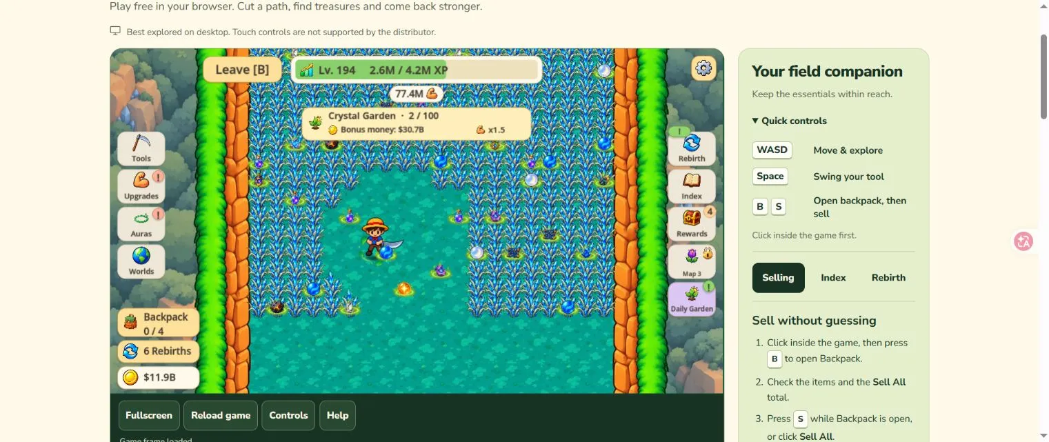 Crystal Garden field shows 2 of 100 collected and Bonus money 30.7B; ordinary Backpack remains empty