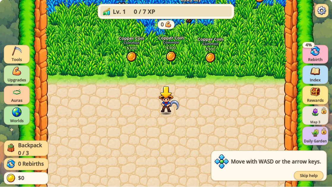 Grass Rush Adventure initial screen with backpack, upgrades and world menu buttons