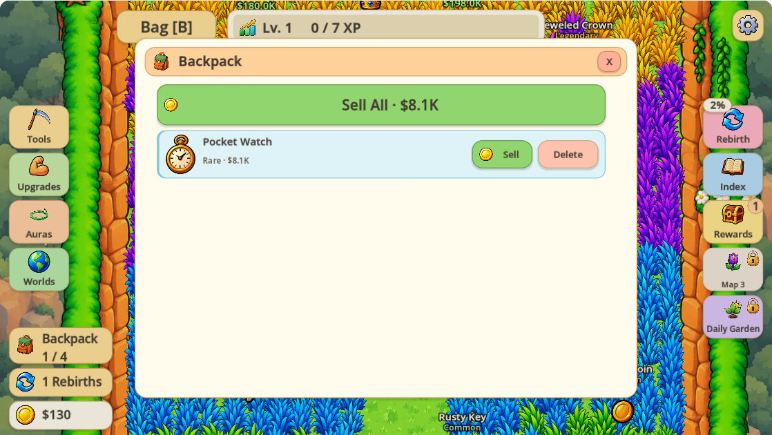 Pocket Watch still in the backpack after rebirth, now displaying a sale value of 8.1K