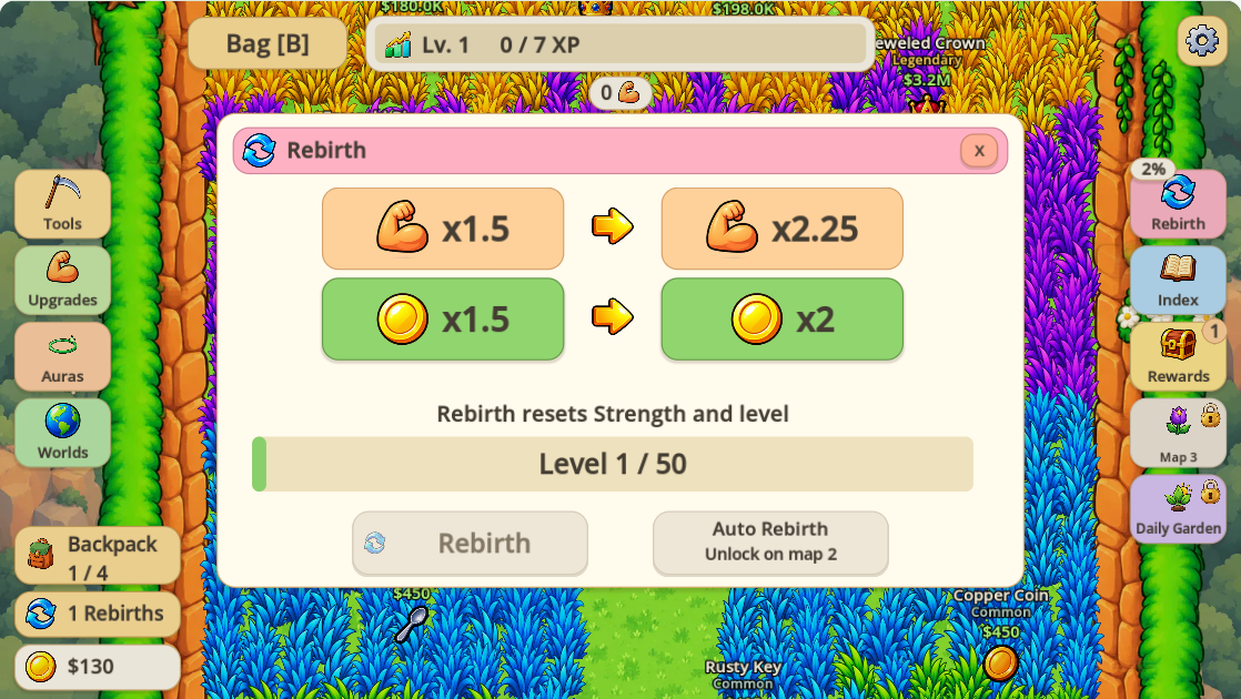 After first rebirth: level 1, zero Strength, one rebirth, four backpack slots and 130 coins
