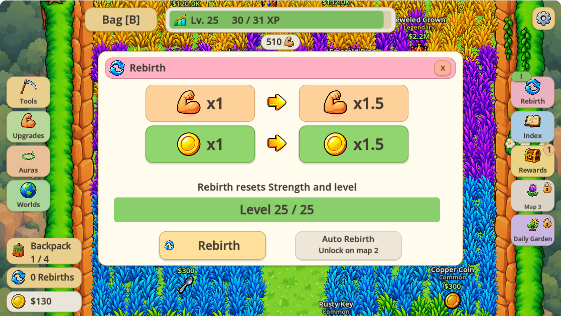 First Rebirth panel at level 25 showing Strength and Gold multipliers increasing from 1 to 1.5
