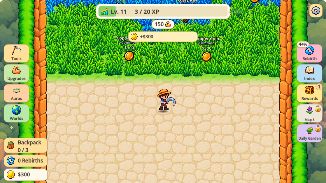 After selling: 300 coins, empty Backpack and character on the starting path