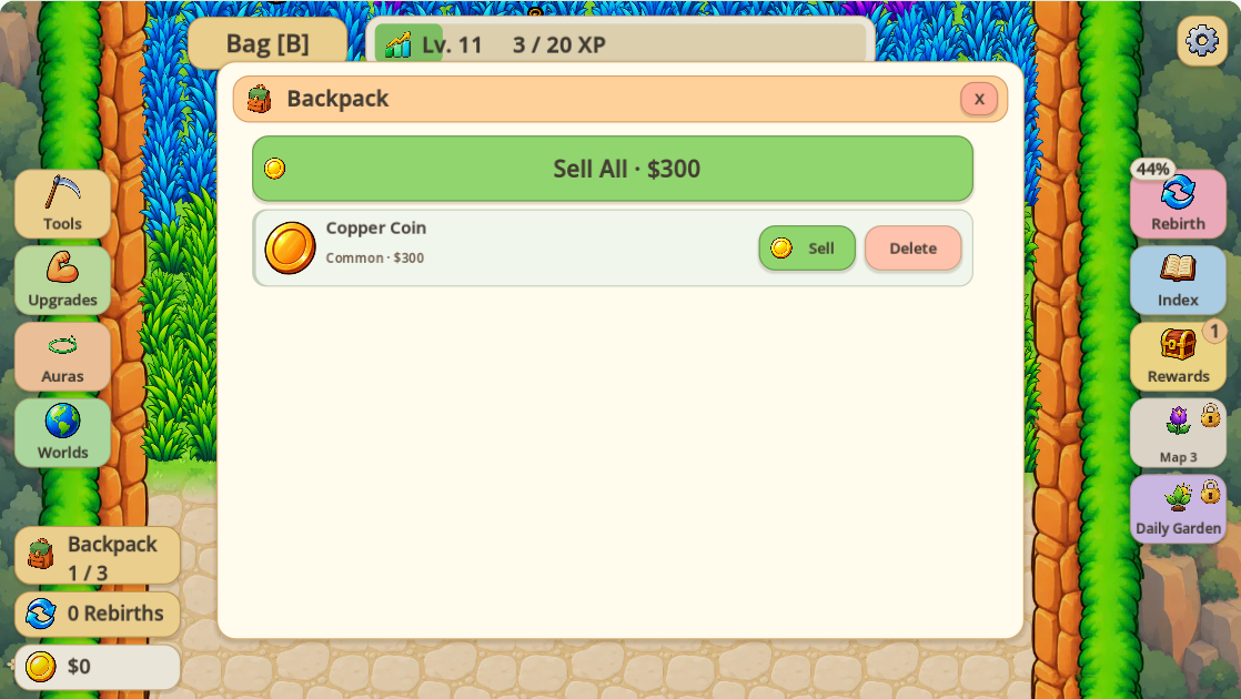 Copper Coin in the Backpack, showing Sell All for 300 and a balance of zero
