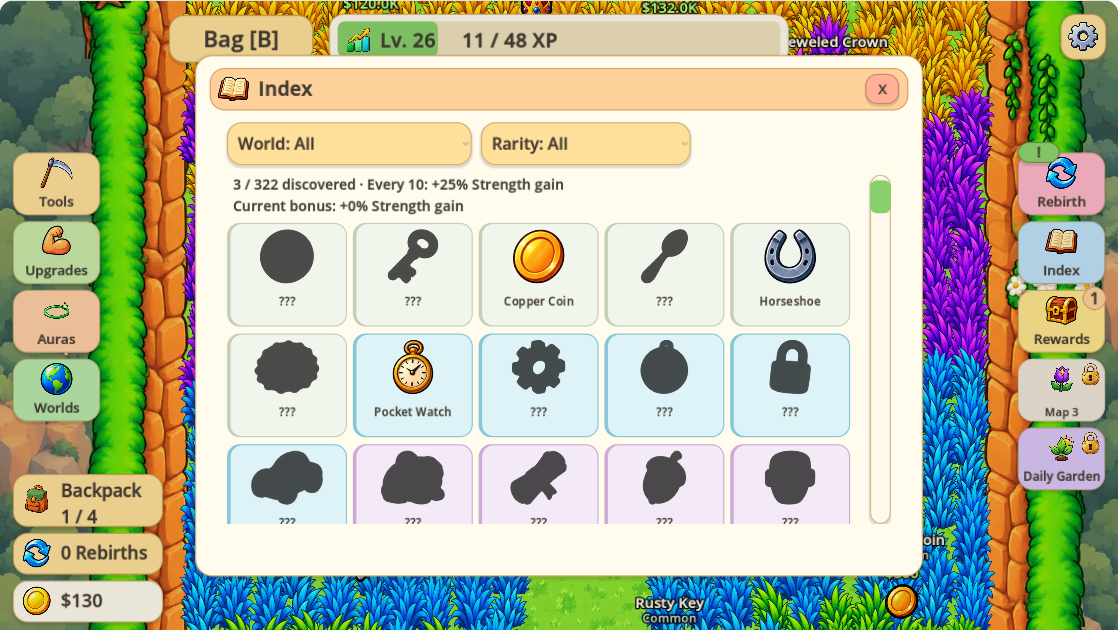 Game Index showing three discovered entries: Copper Coin, Horseshoe and Pocket Watch